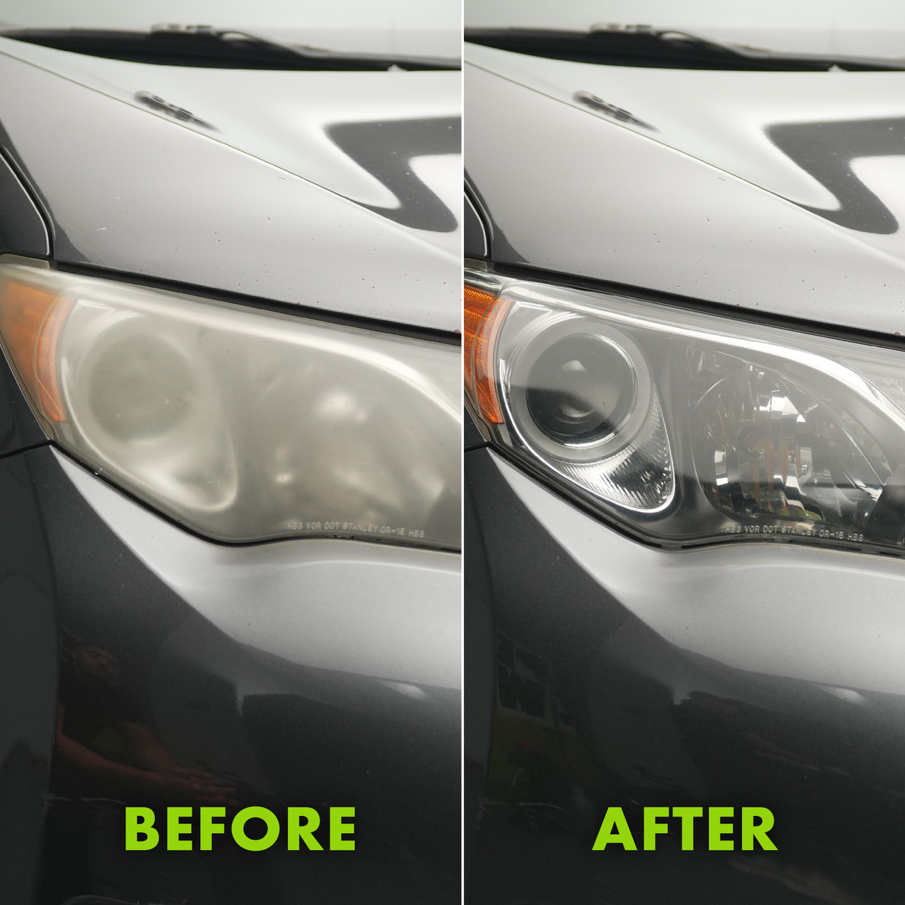 Before and after headlight restoration in McHenry, IL by Unicorn Details -- foggy yellowed lens fully restored to clear like new